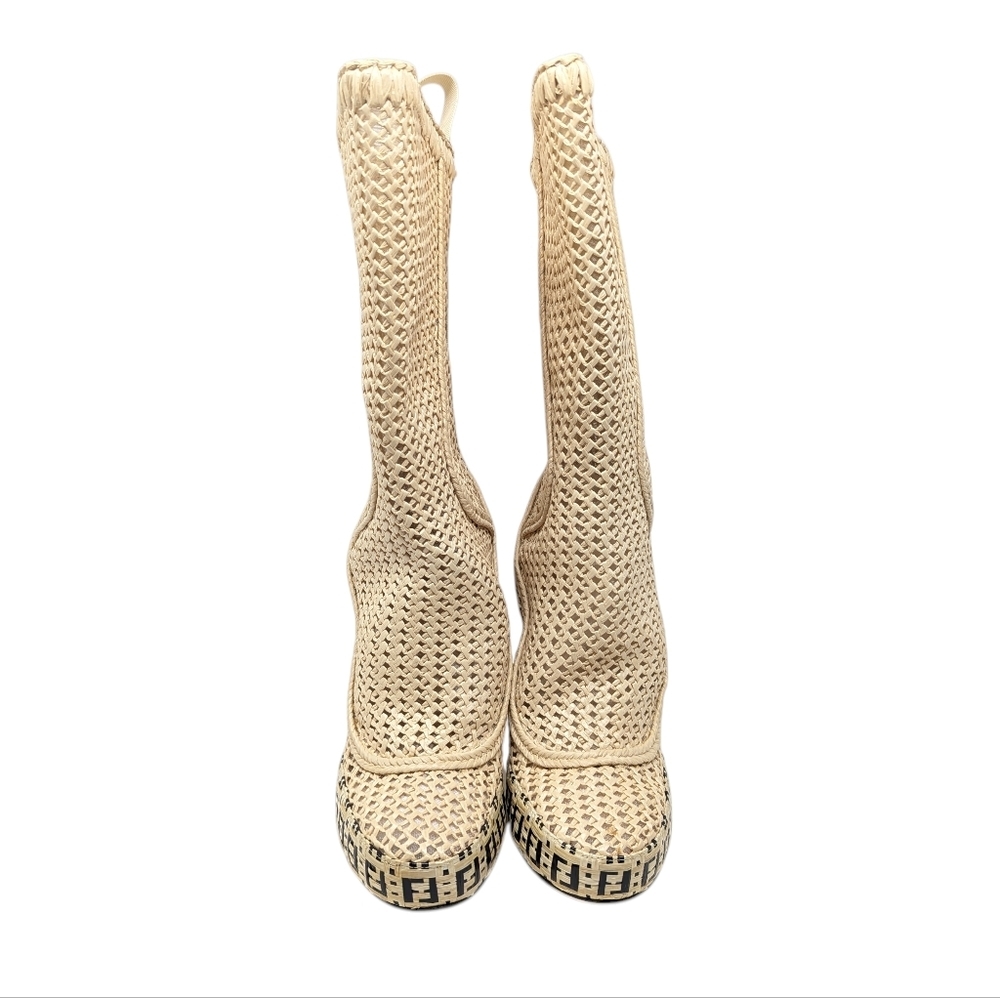 Fendi 105mm FF Woven Raffia Spring '21 Runway Zip Mid Calf Booties Size EU 38 - Picture 5 of 15